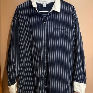 Old Navy Navy and White Striped Women's Button Down Shirt